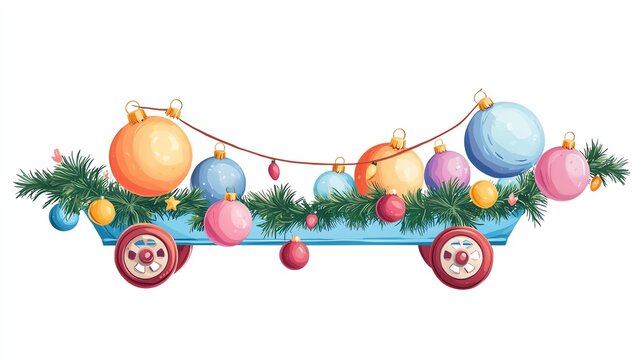 Colorful holiday parade float adorned with garlands and ornaments, isolated on white, eyecatching for seasonal promotions, holiday decor, Christmas float