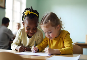 Two young happy, cute, beautiful pre- school girls sitting at the table and writing and drawing with colorful pencils