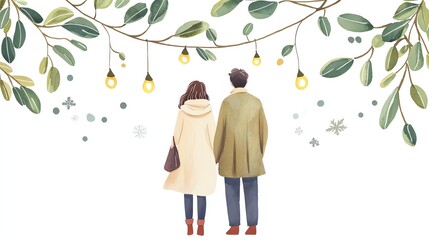 Couple standing beneath mistletoe, holiday lights in the background, romantic winter setting, Christmas couple, holiday romance