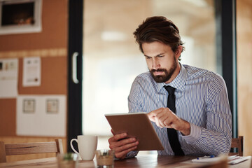 Digital, reading and tablet with business man for chief financial officer, corporate and annual report. Online, technology and company review with person in office for economy forecast and auditor