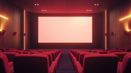 A quiet cinema auditorium with plush red seats, centered around a vast blank screen. Perfect for illustrating anticipation and cinematic magic.