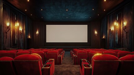 Fototapeta premium A spacious cinema room with rows of luxurious red seats facing a large blank screen, embodying the calm before the movie experience.