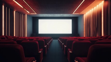Obraz premium A spacious cinema room with rows of luxurious red seats facing a large blank screen, embodying the calm before the movie experience.