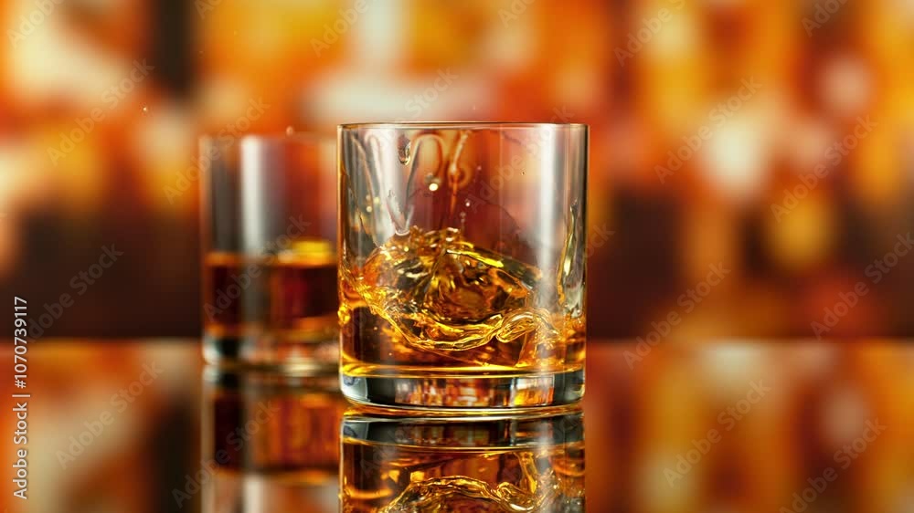 Poster super slow motion of falling ice into glass of whiskey. filmed on high speed cinema camera, 1000 fps