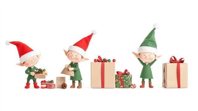 Festive elf workshop filled with toys, candy, and holiday lights, elves crafting gifts, isolated on white, Christmas workshop, holiday decor