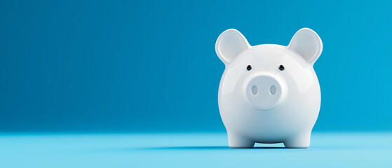 White piggy bank on blue background, symbolizing savings and finance
