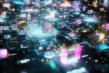 An intricate network of digital connections and holographic displays, symbolizing the flow of ideas and collaborative innovation in technology.