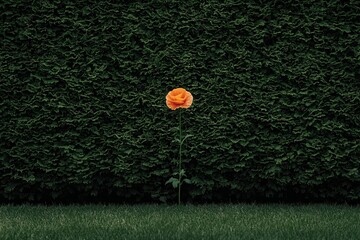 A lone poppy flourishes in a peaceful garden surrounded by lush greenery symbolizing resilience and beauty