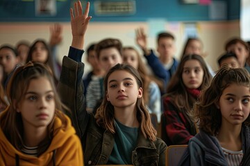 Students actively participating in a classroom discussion, with one girl raising her hand to answer a question. Generative AI