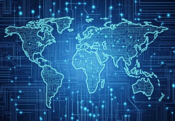 Naklejka premium Abstract digital world map with global network connections on a blue background a business and technology concept for online communication or international trade and exchange Generative AI