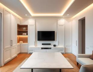A white modern room style with interior desgin built-in white cupboad, tv cabinet and marble table