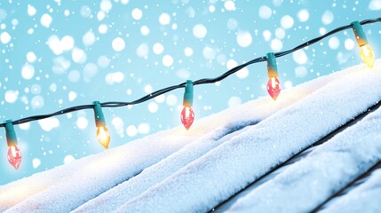 Rooftop lined with festive lights, snow gently falling, cozy holiday ambiance, Christmas lights, snowy rooftop