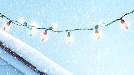 Rooftop lined with festive lights, snow gently falling, cozy holiday ambiance, Christmas lights, snowy rooftop