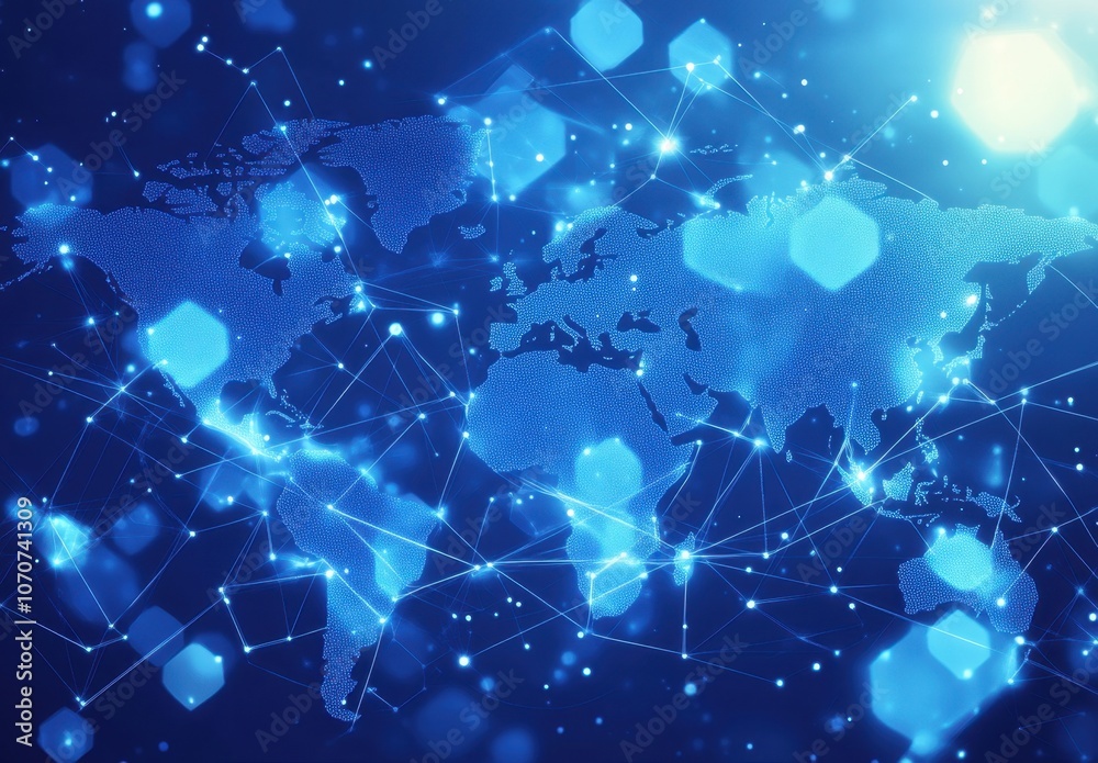 Poster abstract global network concept with a world map and connection lines on a blue background, a digita