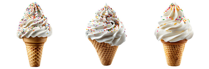 soft serve ice cream cone with rainbow sprinkles isolated on white and transparent background