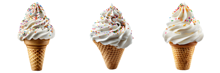 soft serve ice cream cone with rainbow sprinkles isolated on white and transparent background