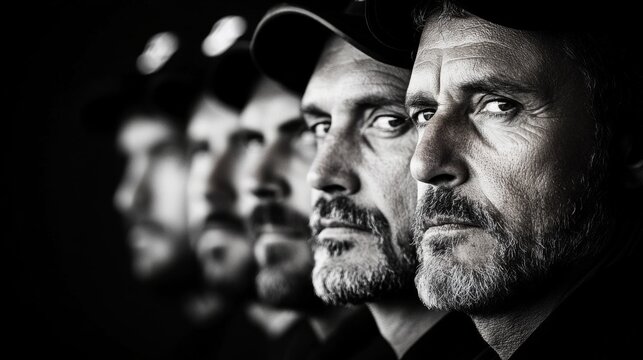 Five men in black caps showcase intense expressions while facing forward in a dramatic black and white setting