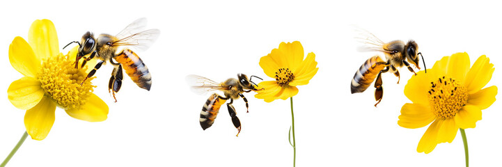 Set of A honey bee flying to a yellow flower and honey isolated on a transparent background