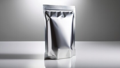 A sealed metallic bag standing upright on a reflective surface.