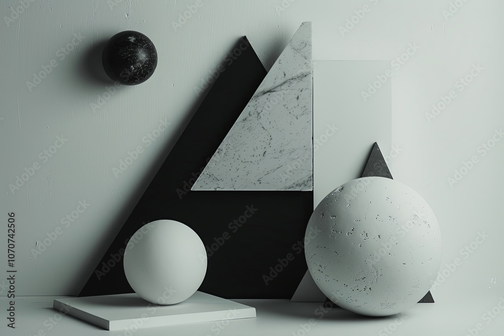 Poster geometric shapes in neutral tones arranged artfully on a minimalist backdrop with contrasting textur