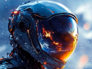 A close up of a helmet on a man in a space suit