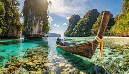 Obraz premium Traditional longtail boat in shallow turquoise waters surrounded by lush cliffs in Thailand