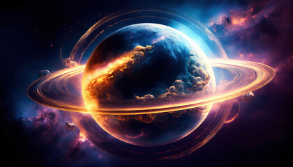 Obraz premium A planet surrounded by rings made of drifting smoke, blending space with an atmospheric texture. The smoke swirls in cosmic patterns, merging with the celestial atmosphere to create a mesmerizing and 