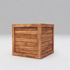 A 3D representation of a wooden crate with realistic textures, including weathered edges and a rough surface, placed against a simple backdrop