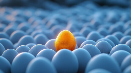 single golden egg stands out among a group of plain white eggs, symbolizing uniqueness, value, and opportunity. The blurred blue background adds depth and a sense of calm contrast