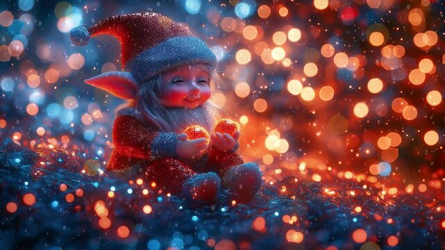 Christmas cute happy elves playing snowballs, new year, sparkling lights, holiday fun