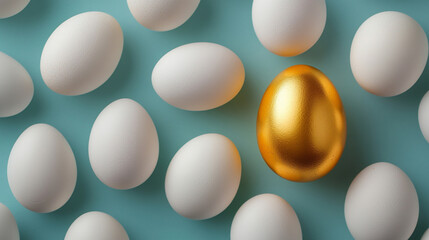 single golden egg stands out among a group of plain white eggs, symbolizing uniqueness, value, and opportunity. The blurred blue background adds depth and a sense of calm contrast