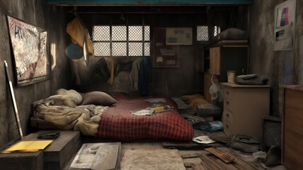 A disheveled bedroom with a messy bed, cluttered floor, and dim lighting evokes a sense of neglect and disorder in a living space