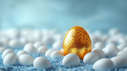single golden egg stands out among a group of plain white eggs, symbolizing uniqueness, value, and opportunity. The blurred blue background adds depth and a sense of calm contrast