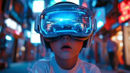 A child wearing futuristic virtual reality goggles, immersed in a vibrant, neon-lit urban environment.