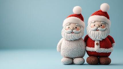 Two cute, knitted Santa Claus figures stand side by side, showcasing festive charm against a soft blue background.
