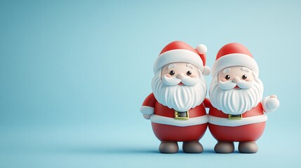 Obraz premium Two cheerful Santa Claus figurines stand side by side against a light blue background, embodying the festive spirit of Christmas.
