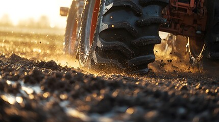 Tractor Tire Leaving a Trail of Dust and Golden Light