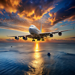 jumbo jet flying in the evening