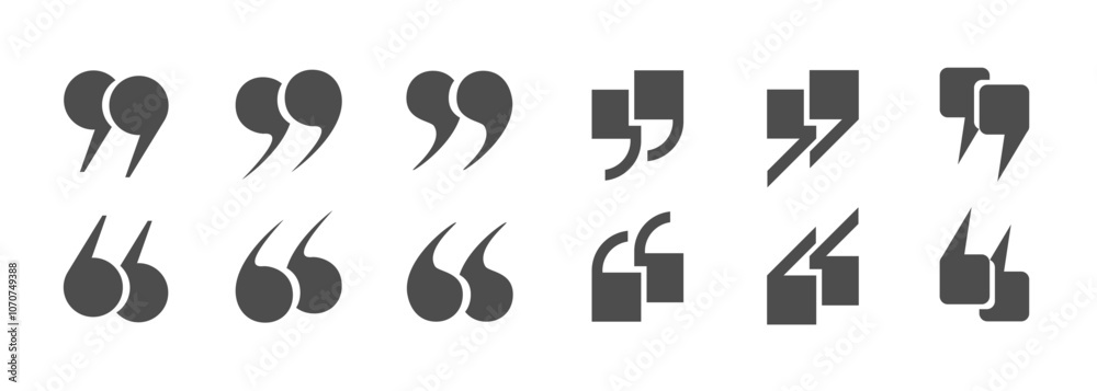 Fototapete A set of grey quotation mark icons on a white background. Quotes, isolated vector icons in the form of commas, quotation marks. Vector illustration.