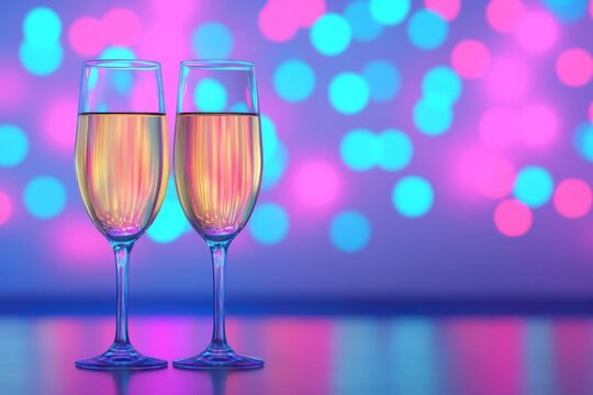 Two elegant champagne glasses against a colorful bokeh background.