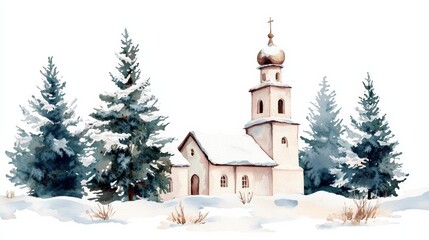 Obraz premium Watercolor Church in a Snowy Forest.