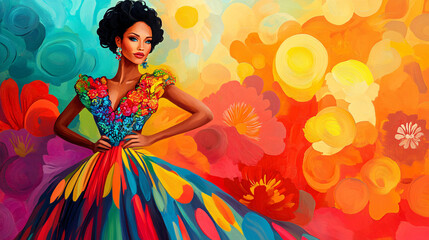 Fototapeta premium Cartoon-style portrait of a young woman in a medieval dress, set against a colorful and whimsical background