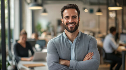 Cheerful business owner confidently overseeing a busy office, managing projects and motivating employees with positivity