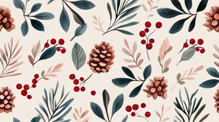 Fototapeta premium Watercolor Christmas Seamless Pattern with Pine Cones and Berries.