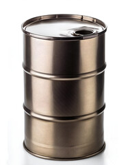 A shiny metal barrel stands upright on a white background, symbolizing storage, transportation, and industrial use. The metallic appearance adds a modern and clean aesthetic.