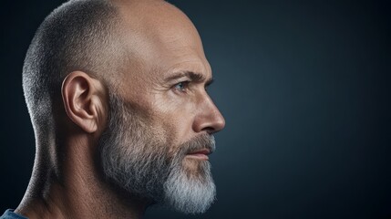 Obraz premium Closeup portrait of a bald man with beard in blue shirt, studio photograph