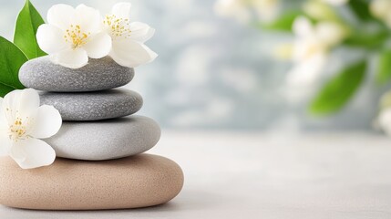 Tranquil spa stones and delicate flowers on white background, a serene setting for relaxation wellness