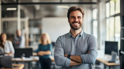 Fototapeta premium Confident business owner standing proudly in their office, smiling as they lead a team toward future success