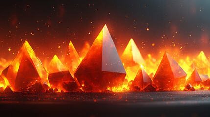 Abstract low-poly geometric design featuring shades of orange and dark orange. The composition forms angular shapes, evoking a sense of modernity, energy, and warmth against a vibrant orange backgroun