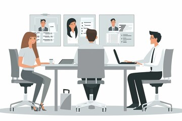Illustration of a business meeting with HR and candidates, modern and minimalistic style